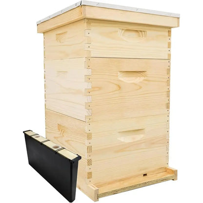 10-Frame Beehive Kit with Wooden Frames & Waxed Foundation, 2 Deep Boxes, 1 Medium Box, Unpainted, Made in USA