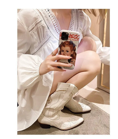 Autumn Embroidered Western Cowboy Boots new Square Heels Pointed shoes Casual fashion long boots Comfortable waterproof shoes