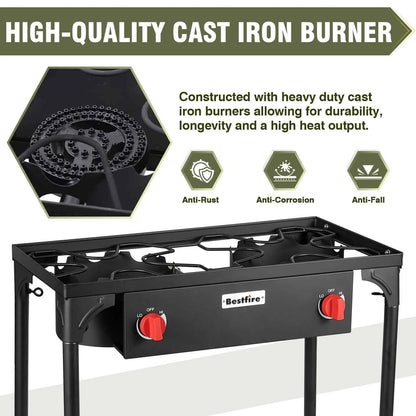 BESTFIRE 2 Burner Camping Stove 150000 BTU High Pressure Outdoor Propane Grill With 4ft 20 PSI Regulator Hose Removable Legs for Backyard Cooking BBQ Picnic Tailgate