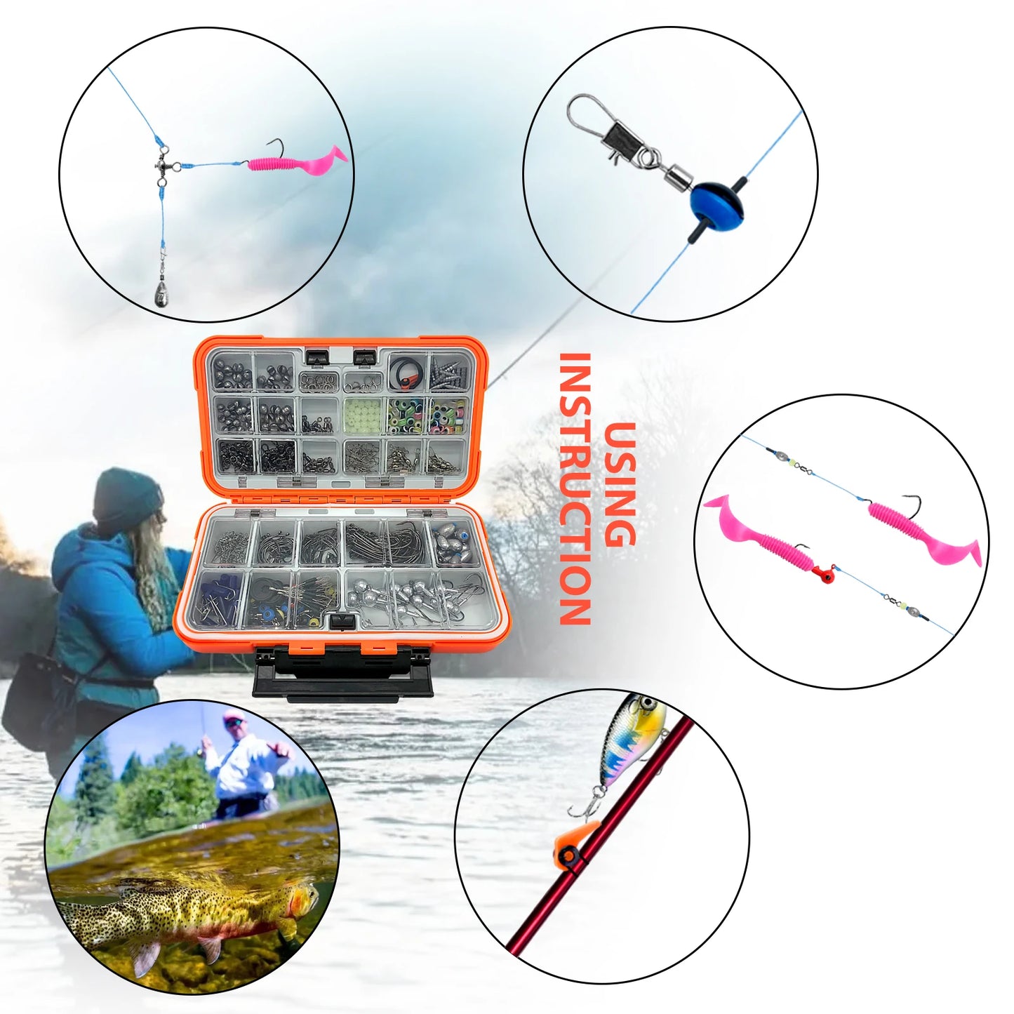 170-410pcs Professional Fishing Kit with Tackle Box,Hooks Sinkers Swivels for Bass Trout Saltwater Fishing | Premium Rust-Proof
