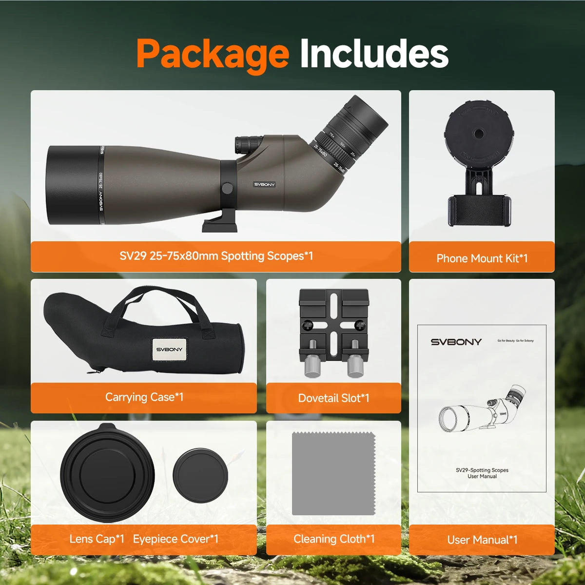 Svbony SV29 Spotting Scope 25-75x80mm FMC 57° Wide Angle Removable 1.25" Eyepiece Telescope for Target Shooting Archery