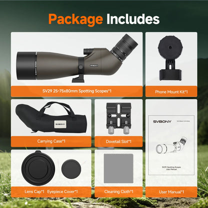 Svbony SV29 Spotting Scope 25-75x80mm FMC 57° Wide Angle Removable 1.25" Eyepiece Telescope for Target Shooting Archery