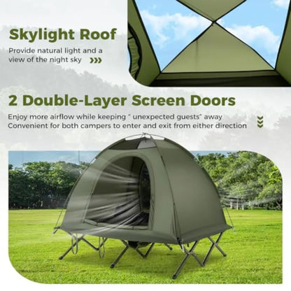 2-Person Tent Cot 3 in 1 Folding Off-Ground Cot Bed Combo with Portable Wheeled Bag Waterproof Rainfly 2 Mesh Doors and Skyligh