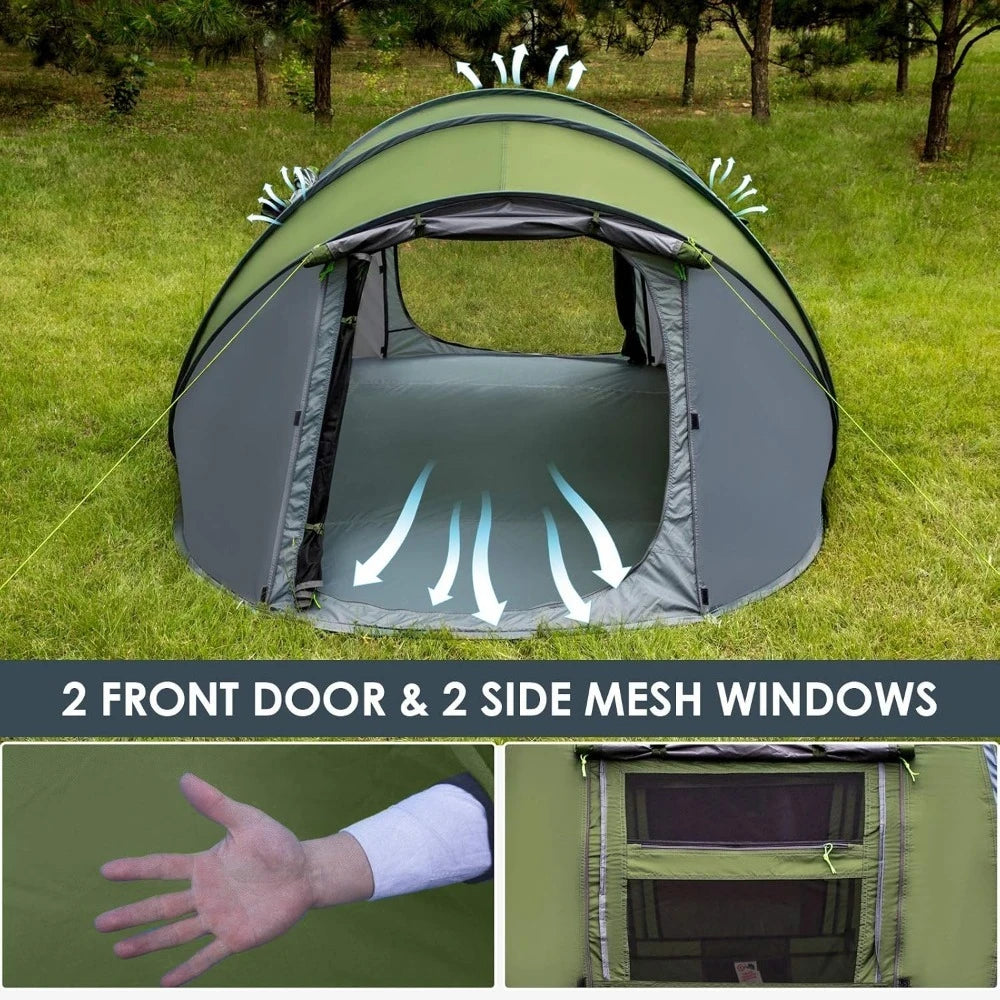 4 Person Pop Up Waterproof Tent Instant Setup Double Door Family Camping Hiking
