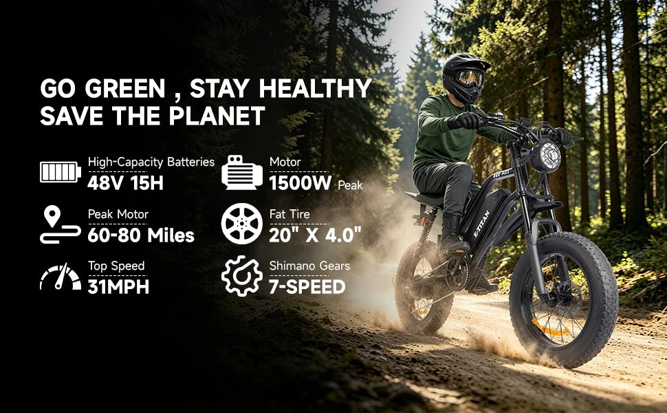 1500W Mountain Ebike 48V 15Ah Lithium Battery 31MPH Max Speed 65Miles Long Range Adult Off Road Electric Mountain Bike 20 inch