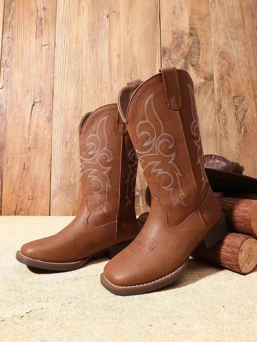 Womens Western Cowboy Boots Embroidered Square Toe Chunky Low Heel Mid Calf Fashion