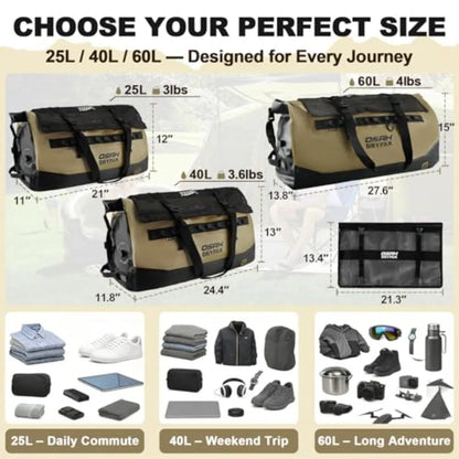 Waterproof Duffel Bag 25L/40L/60L Heavy-Duty Roll-Top Dry Bag for Motorcycle Travel Camping Boating Kayaking Outdoor Adventure