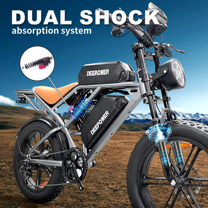 Deepower Electric Bike QS7 1000W 48V 60AH 20 Inch Fat Tire Ebike for Adults Mountain Off-Road Dual Batteries Electric Bicycle