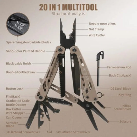 Light Seeking 20-in-1 EDC Multitool with Needle Nose Pliers and Wire Stripper Survival and Camping Gear D2 Steel Sand