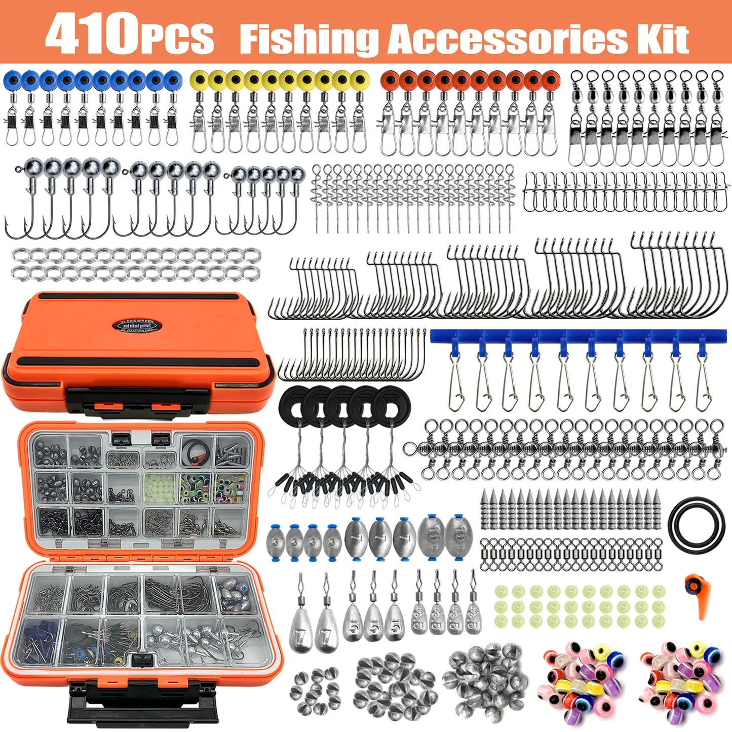 170-410pcs Professional Fishing Kit with Tackle Box,Hooks Sinkers Swivels for Bass Trout Saltwater Fishing | Premium Rust-Proof