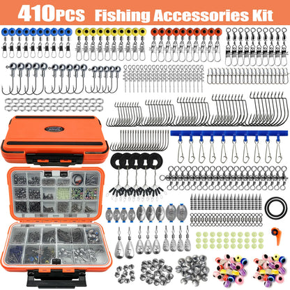 170-410pcs Professional Fishing Kit with Tackle Box,Hooks Sinkers Swivels for Bass Trout Saltwater Fishing | Premium Rust-Proof
