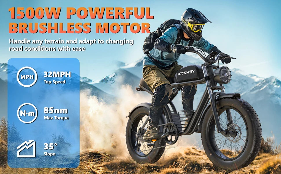 Kickwey K7 Electric bike 1500W Motor 48V 23AH Adult Electric bicycle 20 Inch Fat Tire 32MPH 7-Speed Mountain electric bike