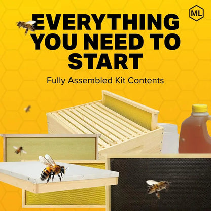 10-Frame Beehive Kit with Wooden Frames & Waxed Foundation, 2 Deep Boxes, 1 Medium Box, Unpainted, Made in USA