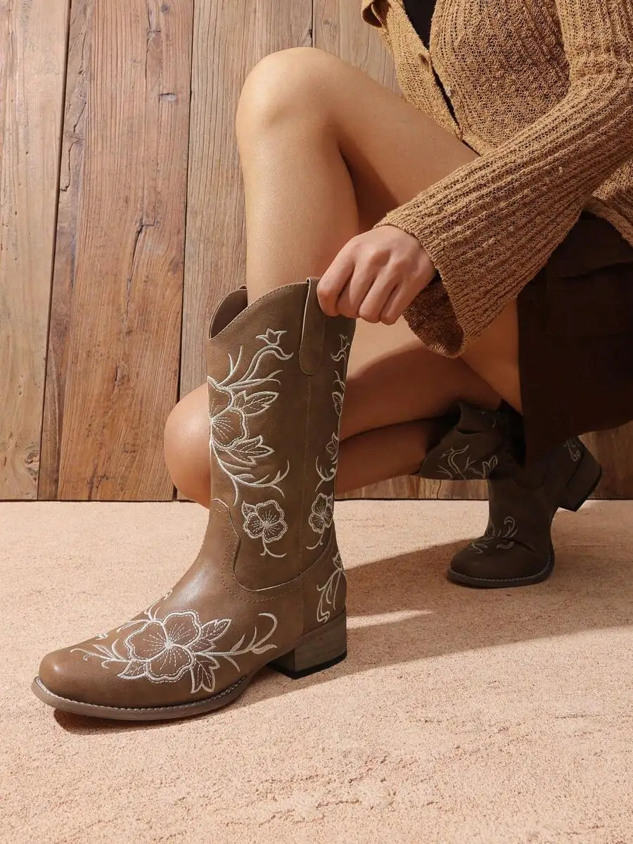 Womens Western Cowboy Boots Embroidered Square Toe Chunky Low Heel Mid Calf Fashion