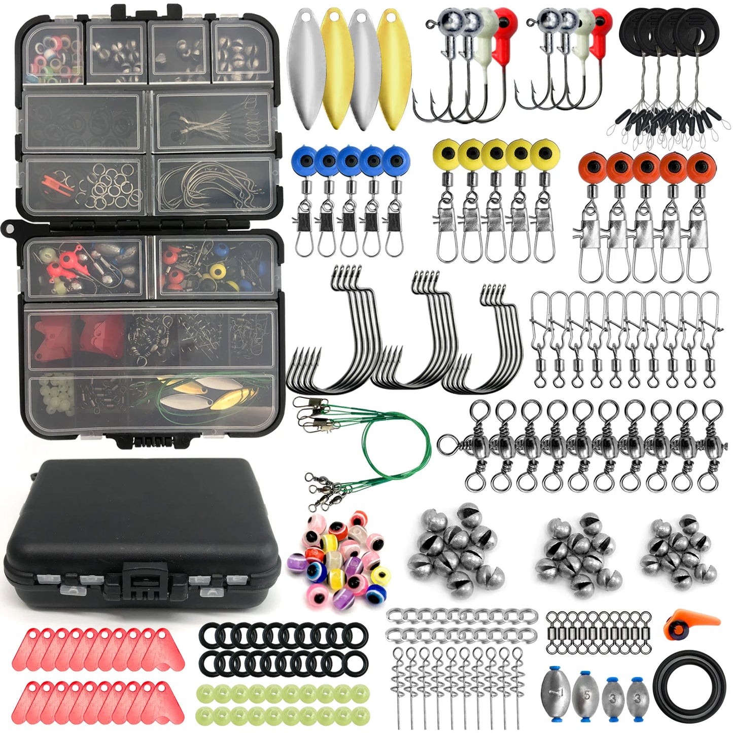 170-410pcs Professional Fishing Kit with Tackle Box,Hooks Sinkers Swivels for Bass Trout Saltwater Fishing | Premium Rust-Proof