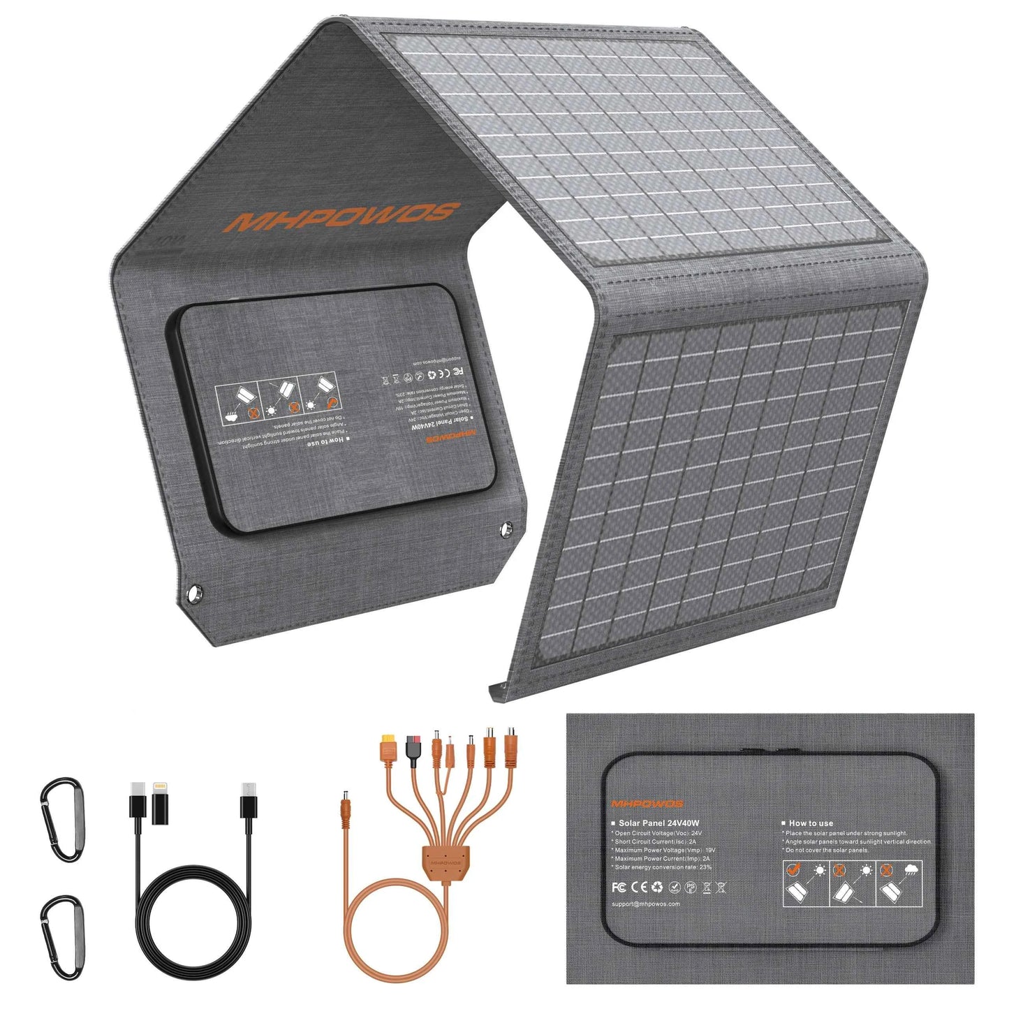MHPOWOS 40W Foldable Solar Panel 5V USB Portable Battery Charger for Cell Phone Outdoor Waterproof Power Bank for Camping