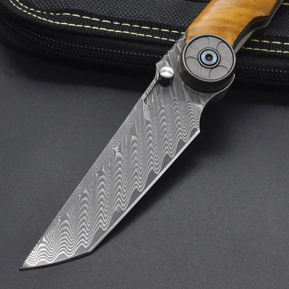 VG10 Damascus Steel Camphor Wood Handle Knife With Back Clip Folding Outdoor Camping Fishing Portable Tools Collecting Gifts EDC