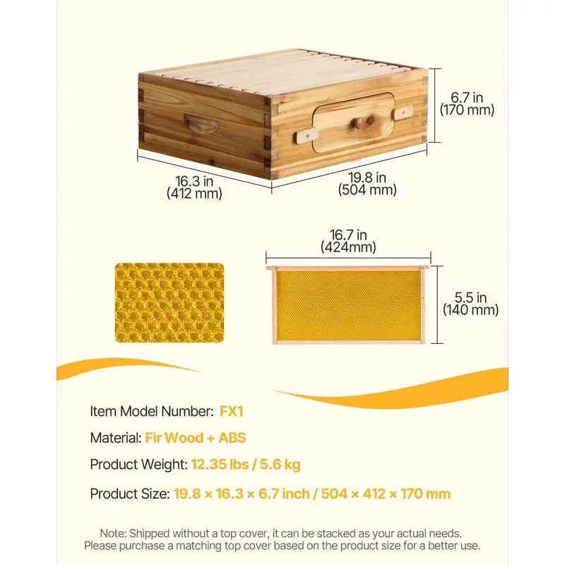Natural Fir Wood Honey Super 19-7/8" x 16-1/4" x 6-5/8" For Apiary Backyard Orchard, Langstroth Hive 10 Frames Foundations Beeswax Coated Transparent Observation Windows Medium Size Professional Beekeeping Equipment