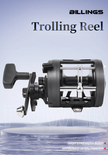BILLINGS Trolling Drum Fishing Reels 33LB Max Drag 3.8:1 Gear Ratio High Toughness Body Freshwater & Saltwater Universal Bait Caster Fishing Reel
