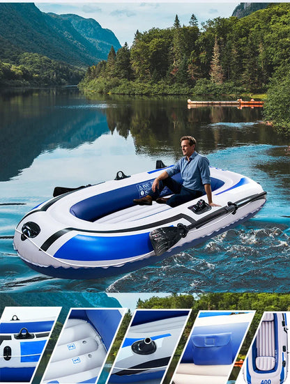 2-4 Person Inflatable Kayak Boat, Heavy Duty PVC Raft Canoe for Fishing Rafting Water Sports, Blue White & Yellow