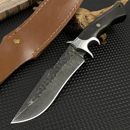 Hand-forged hammered fixed wooden-handled knife, survival knife, camping, with protective cover, D2 steel forged.