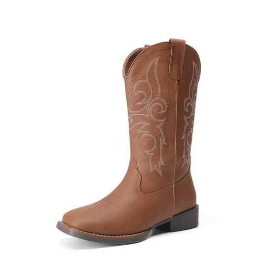 Womens Western Cowboy Boots Embroidered Square Toe Chunky Low Heel Mid Calf Fashion
