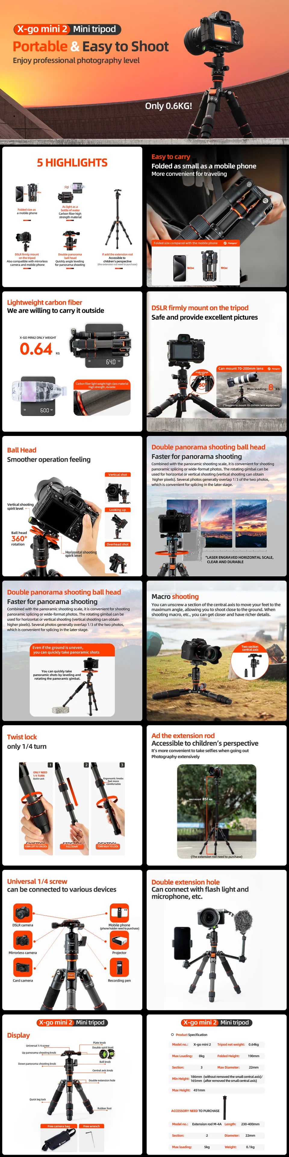 Fotopro Mini Tripod Portable Desktop Carbon Fiber Travel Tripod for Camera with Ball Head X-GO MINI2