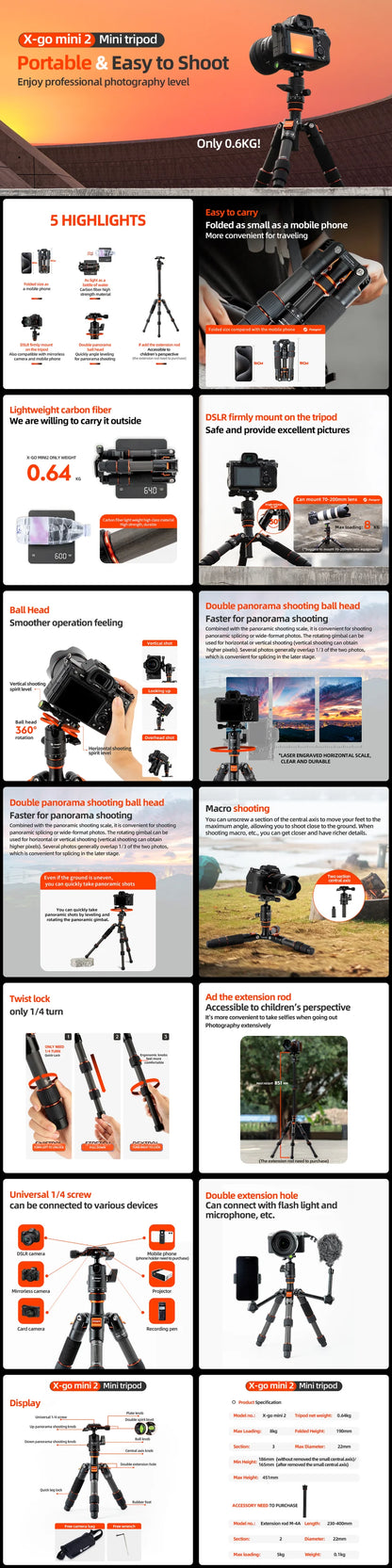 Fotopro Mini Tripod Portable Desktop Carbon Fiber Travel Tripod for Camera with Ball Head X-GO MINI2