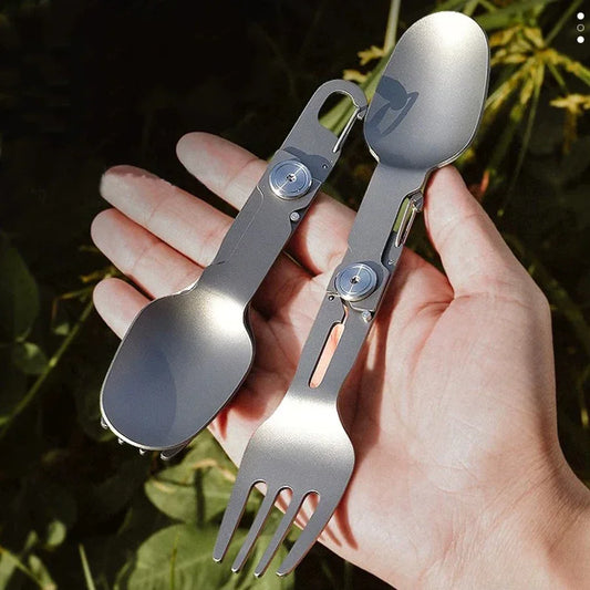2-in-1 multifunctional Pure Titanium Cutlery with Folding Spoon and Fork Combo, Perfect for Hiking, Camping, or Backpacking Trips