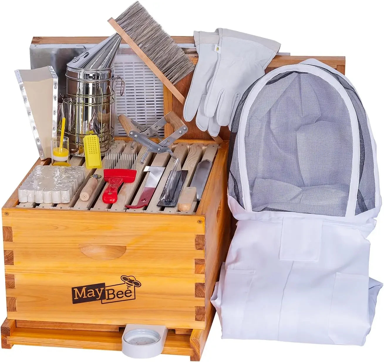 MayBee 10-Frame Beehive Starter Kit, Bee Hive Kit Dipped in 100% Beeswax, Bee Hives Boxes Starter Kit Includes Beekeeping Suppli