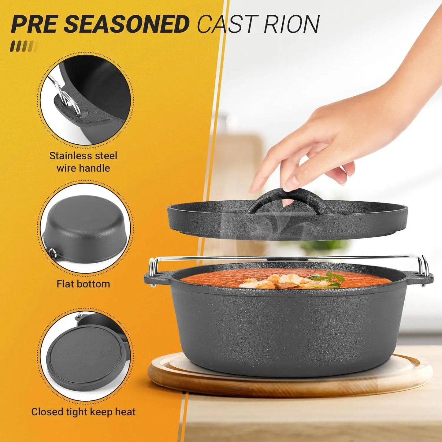 Cast Iron Dutch Oven Pot with Lid, 1.5 Quart for Small Dishes, Camping Cookware, BBQ & Garlic Roaster