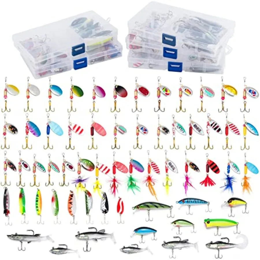 Fishing Tackle Bag 5 Boxes with 60 Lures Included Loaded Stocked Tackle Box Set Spinner Lures Kit Freshwater Gear Equipment