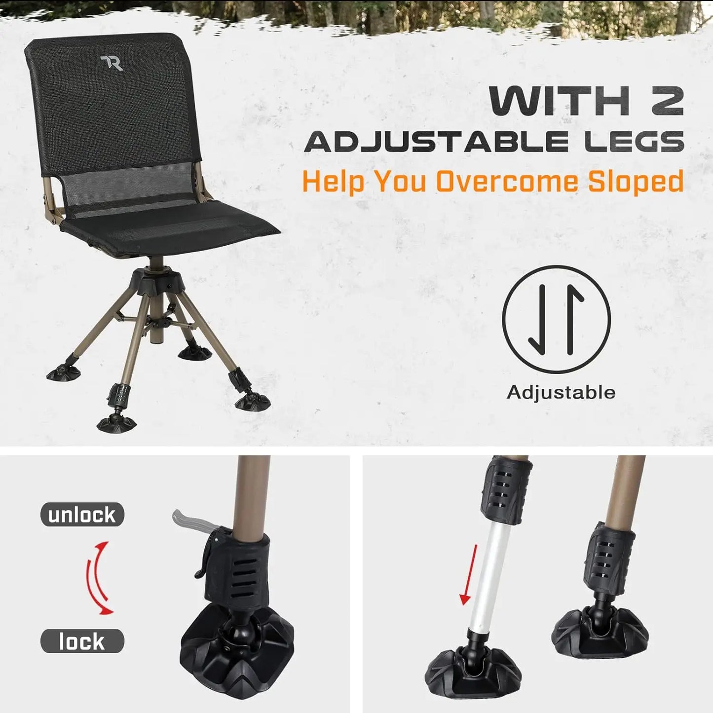 360 Degree Silent Swivel Folding Hunting Chair, Adjustable Height & Legs, 400lbs Capacity, Portable Ground Seat