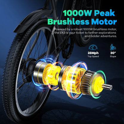 26"x1.95" 1000W Peak Electric Bike for Adults, City travel bike, built-in 48V battery, 7-Speed shift city commute E-Bike EK3