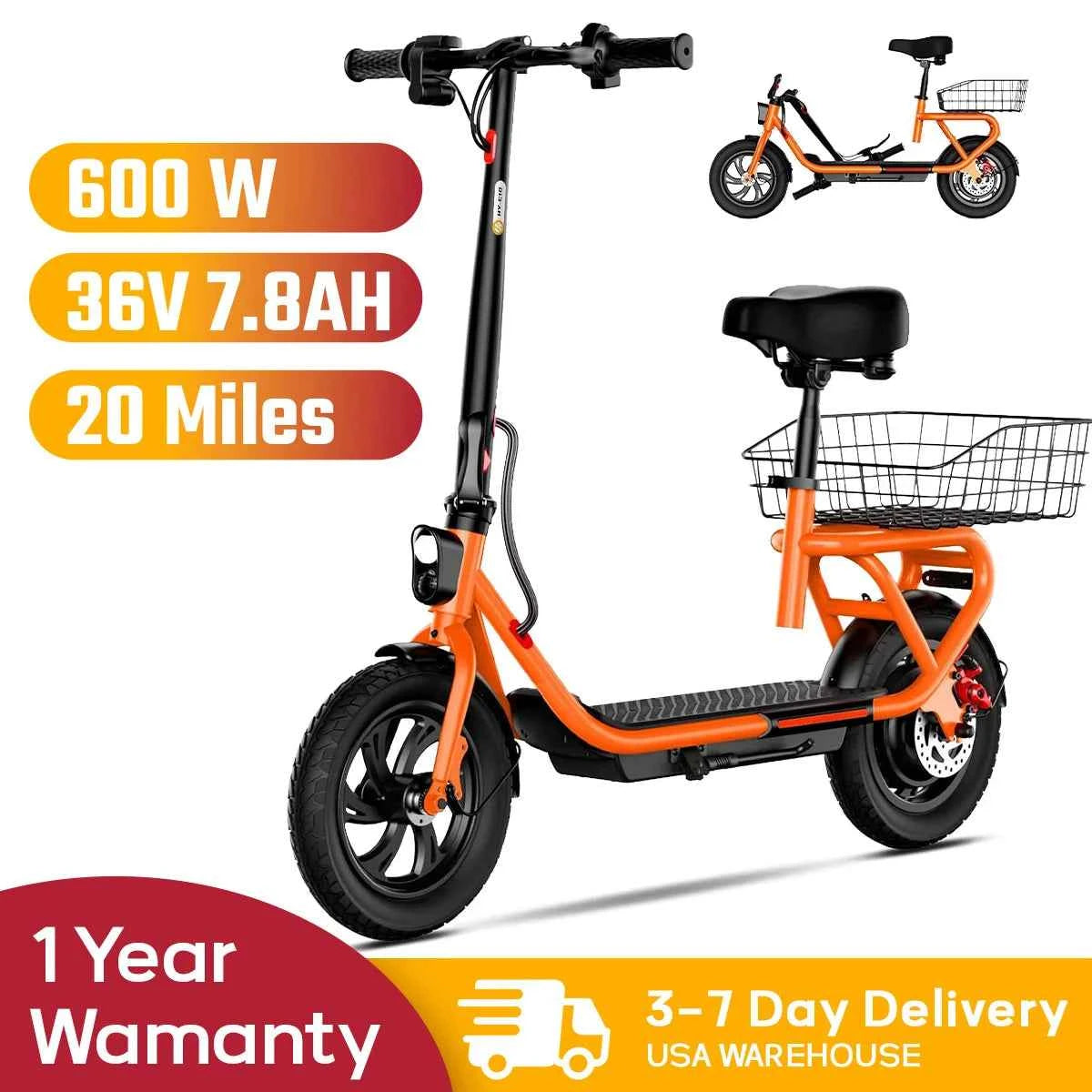 SISIGAD C10 600W Electric Bicycle, 19MPH top speed, 20-mile range, with seat, shock absorbers, folding design, and dual brakes.