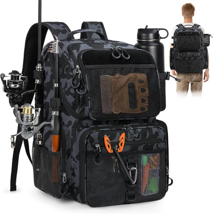 Waterproof Fishing Backpack with Rod Holders and Rain Cover, Large Tackle Storage for Gear