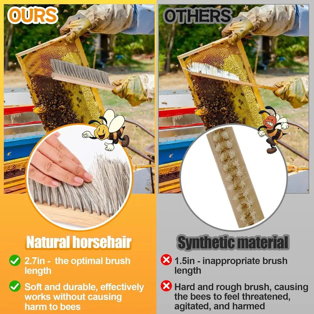 Natural Horse Hair Brush with Wooden Handle - Beekeeping Equipment for Hive Management