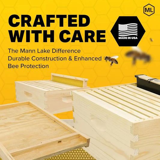 10-Frame Beehive Kit with Wooden Frames & Waxed Foundation, 2 Deep Boxes, 1 Medium Box, Unpainted, Made in USA