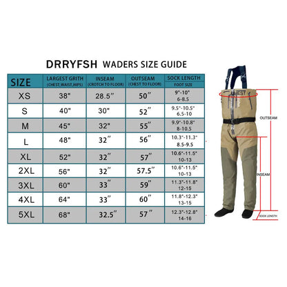 Dryfish Men Front Zipper Chest Waders Waterproof Breathable Stockingfoot Fishing Wader with Multi Pockets Adjustable Waist Belt for Fly Fishing Hunting Outdoor Stream Wading
