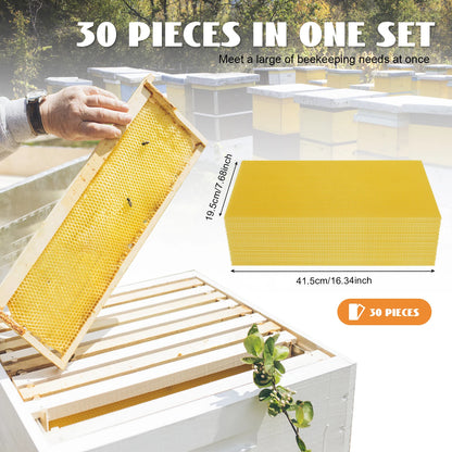 30-Pack Natural Beeswax Hive Foundations Beekeeper's Starter Kit 7.68x16.34" Beekeeping Sheets for Increased Honey Production