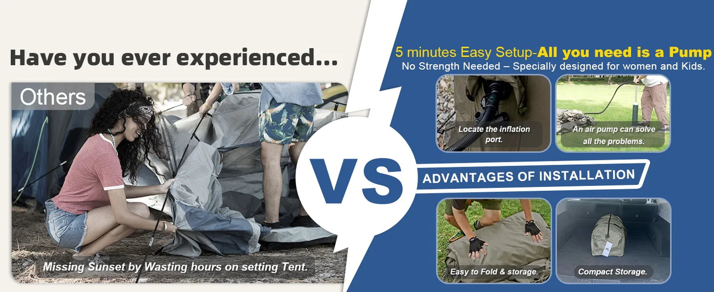 SENLEETO 129 Square Feet Inflatable Glamping Tent 4-8 Person for Camping,4 Season Blow up Tent with Stove Jack&AC Vent,Easy Setup Air Tent with High Pressure Pump