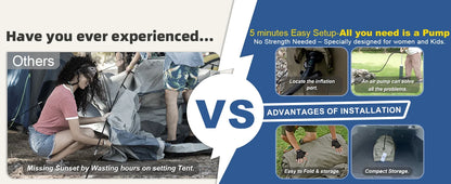SENLEETO 129 Square Feet Inflatable Glamping Tent 4-8 Person for Camping,4 Season Blow up Tent with Stove Jack&AC Vent,Easy Setup Air Tent with High Pressure Pump