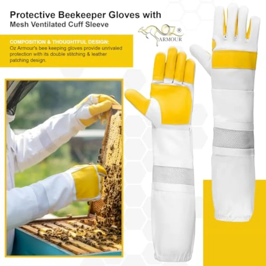 Beekeeping Gloves - Protective Beekeeper Gloves with Mesh Ventilated Cuff Sleeve for Outdoor Activities