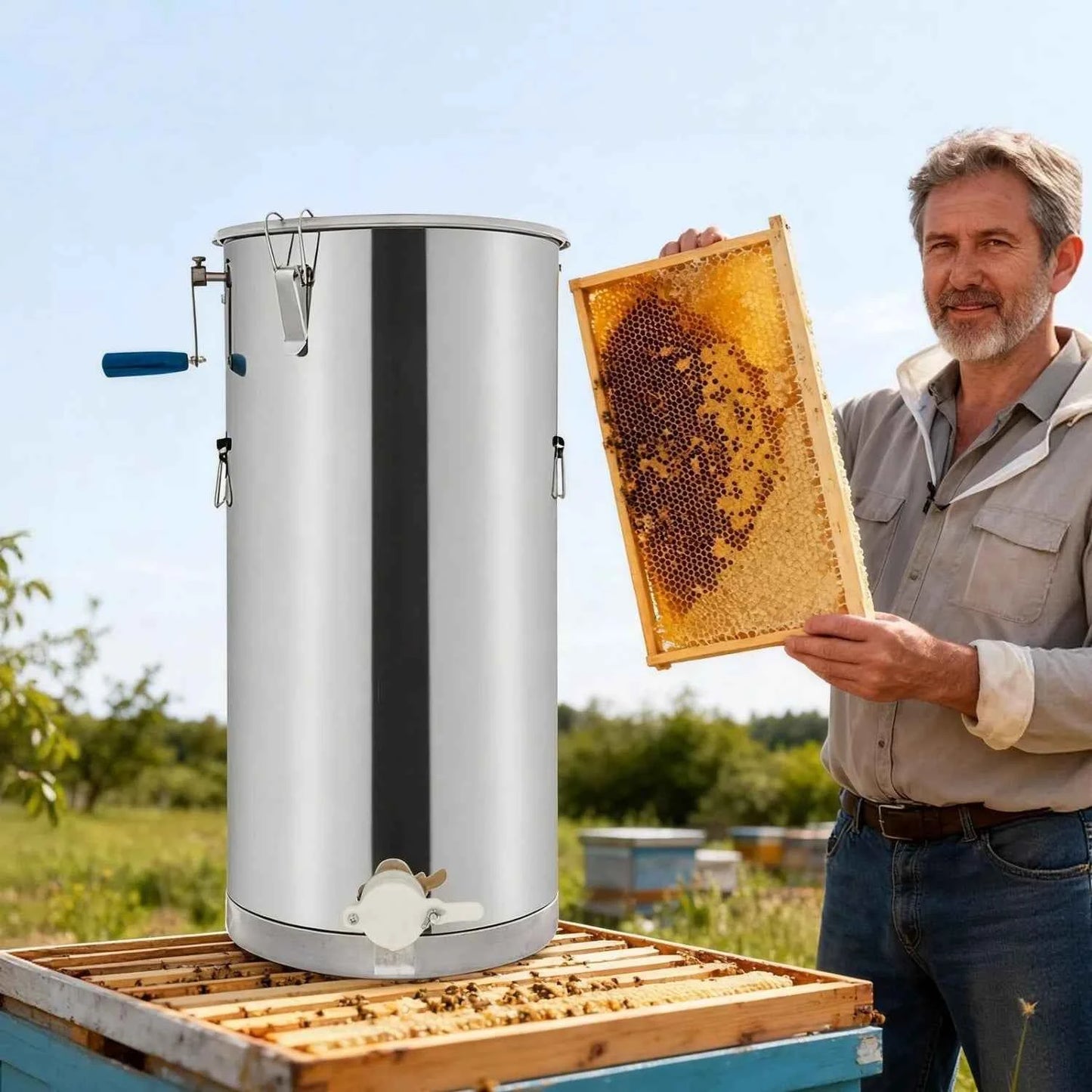 Manual Honey Extractor, 2 Frame Stainless Steel Beekeeping Extraction, Honey Bee Spinner Beekeeping Apiary Centrifuge Equipment, Silver