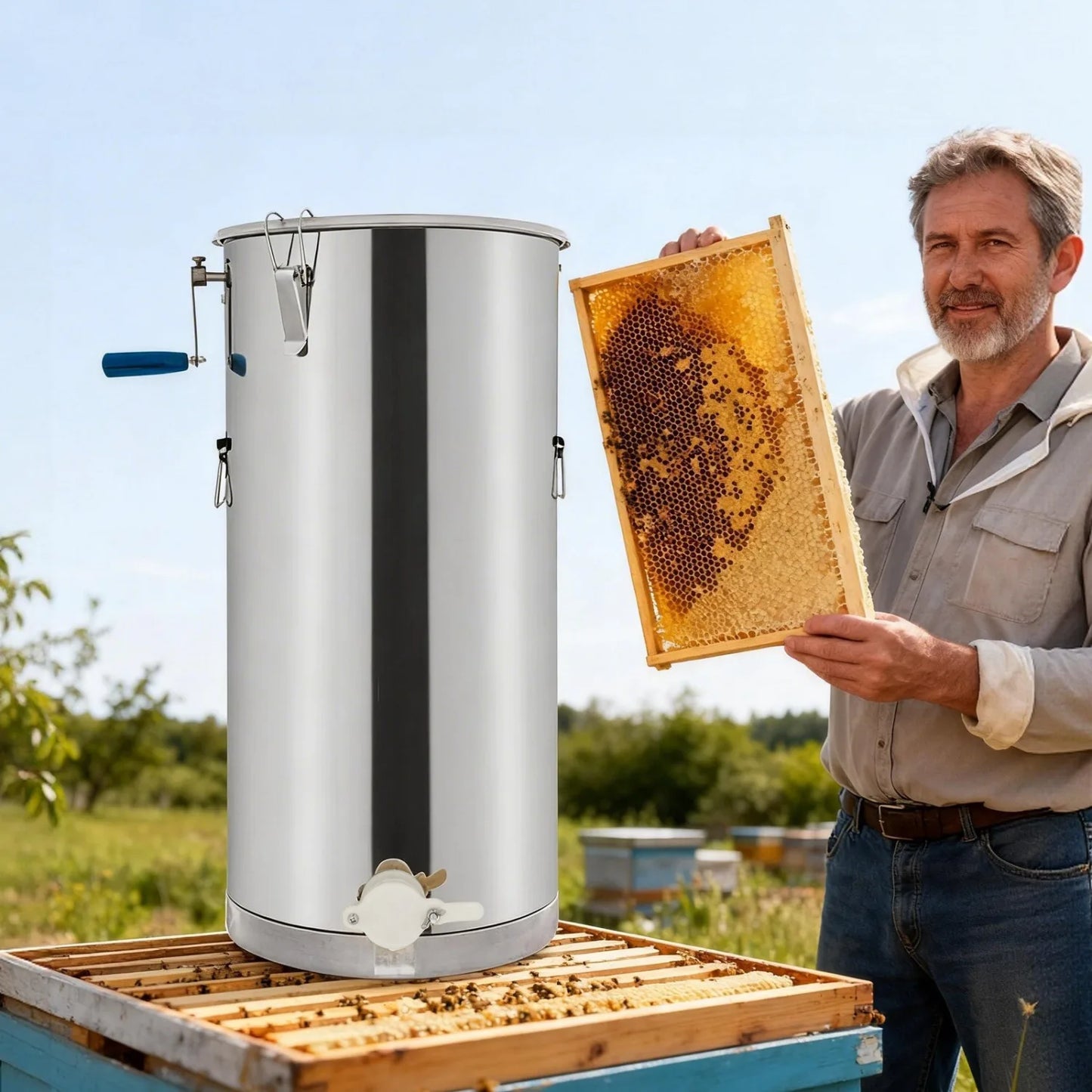 Manual Honey Extractor, 2 Frame Stainless Steel Beekeeping Extraction, Honey Bee Spinner Beekeeping Apiary Centrifuge Equipment, Silver