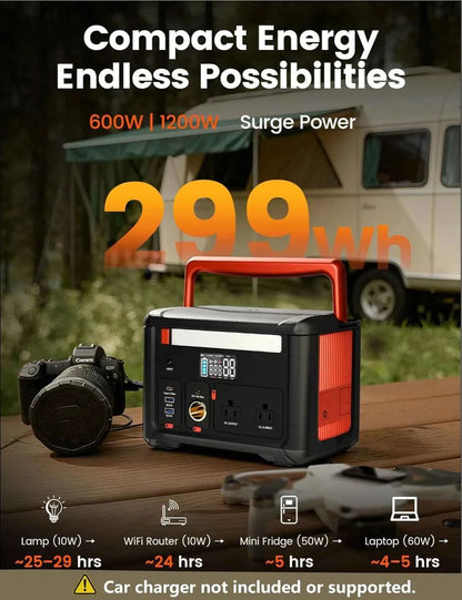 Portable Power Station 600W (1200W Surge), 299Wh Small Lightweight Portable Power for Camping & Spring Outdoor Use, Battery