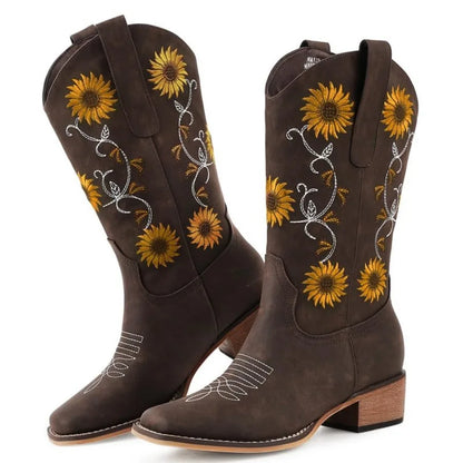 Cowboy Boots for Women Square Toe Mid Calf Western Cowgirl Boots with Sunflower Embroidery, Chunky Heel, Pull On Design