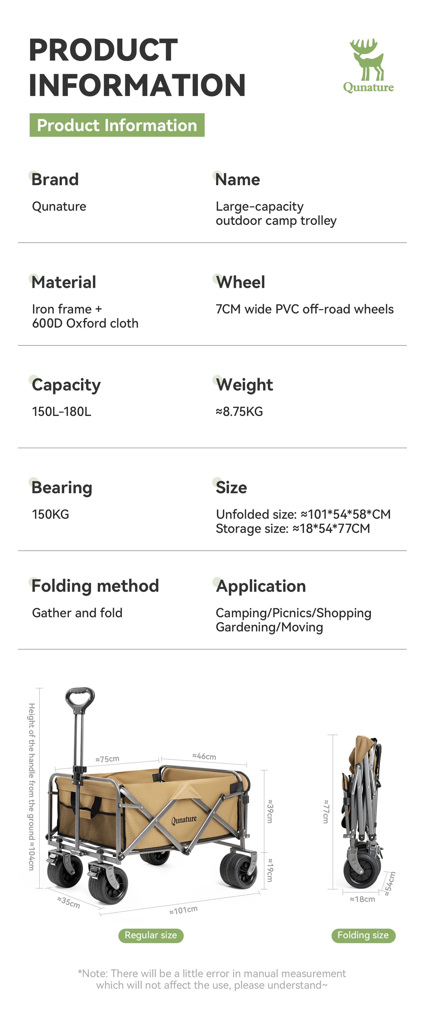Qunature Local Shipping Outdoor Foldable Camping Cart Small Campsite Trailer for Picnic Camping Kid-Reclining Vending Travel 150L Hand-Push Camping Cart