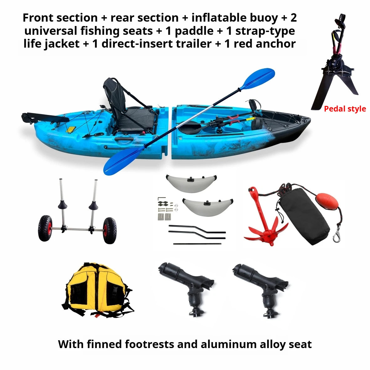 Modular Assembly Kayak with Split Hard Shell, Electric/Pedal-Driven Canoe for Solo/Tandem Lake/Sea Adventures, Portable LLDPE