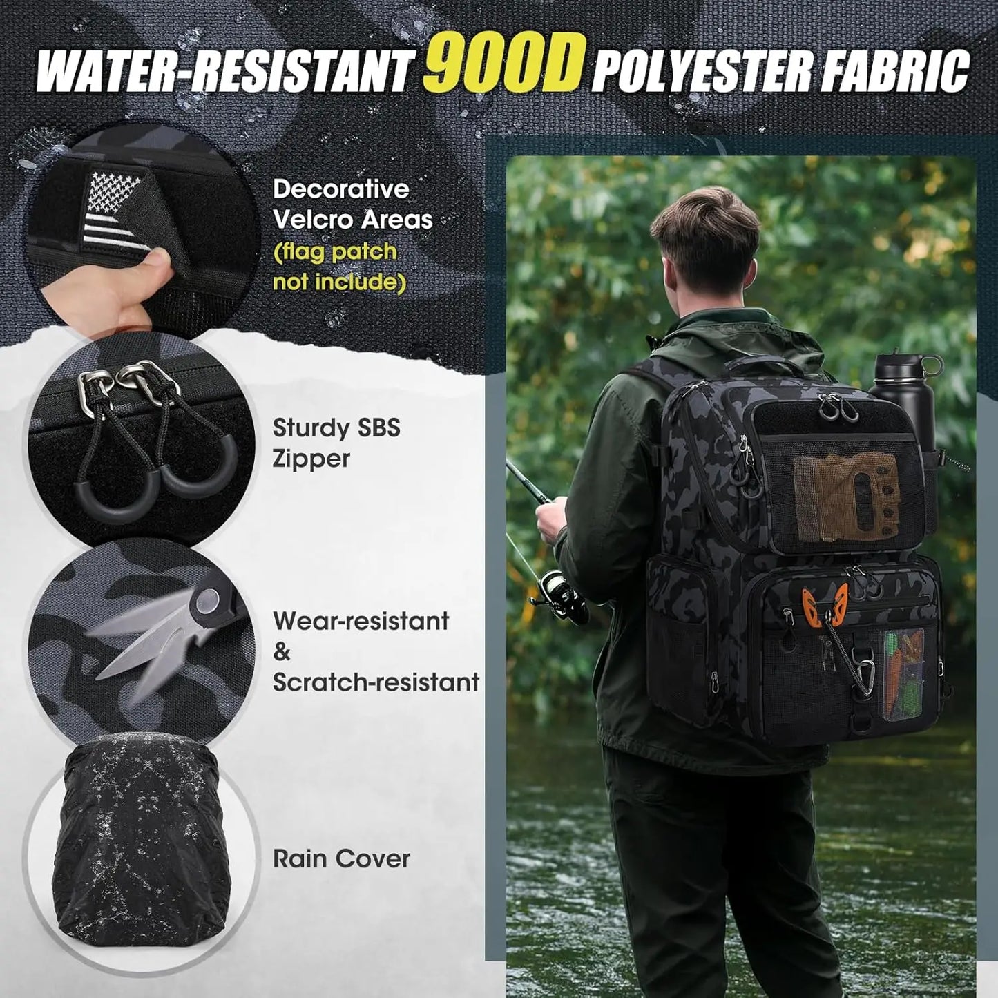 Waterproof Fishing Backpack with Rod Holders and Rain Cover, Large Tackle Storage for Gear
